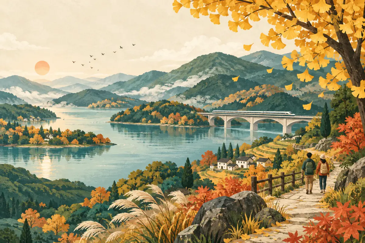 秋日山湖、列车与步行小径的旅行插画